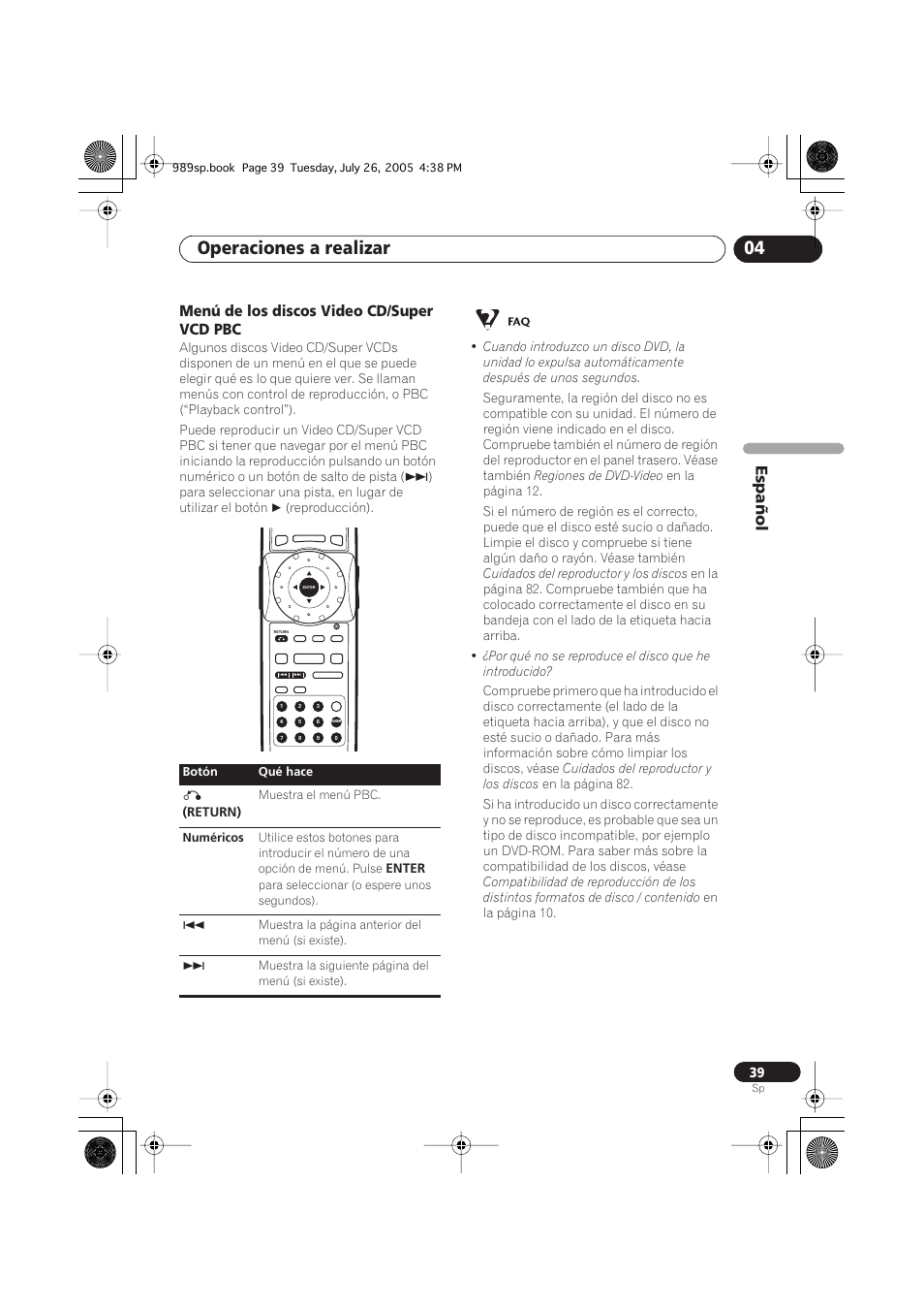 Menú de los discos video cd/ super vcd pbc, Operaciones a realizar 04, Español | Menú de los discos video cd/super vcd pbc | Pioneer DV-989AVi-S User Manual | Page 137 / 202