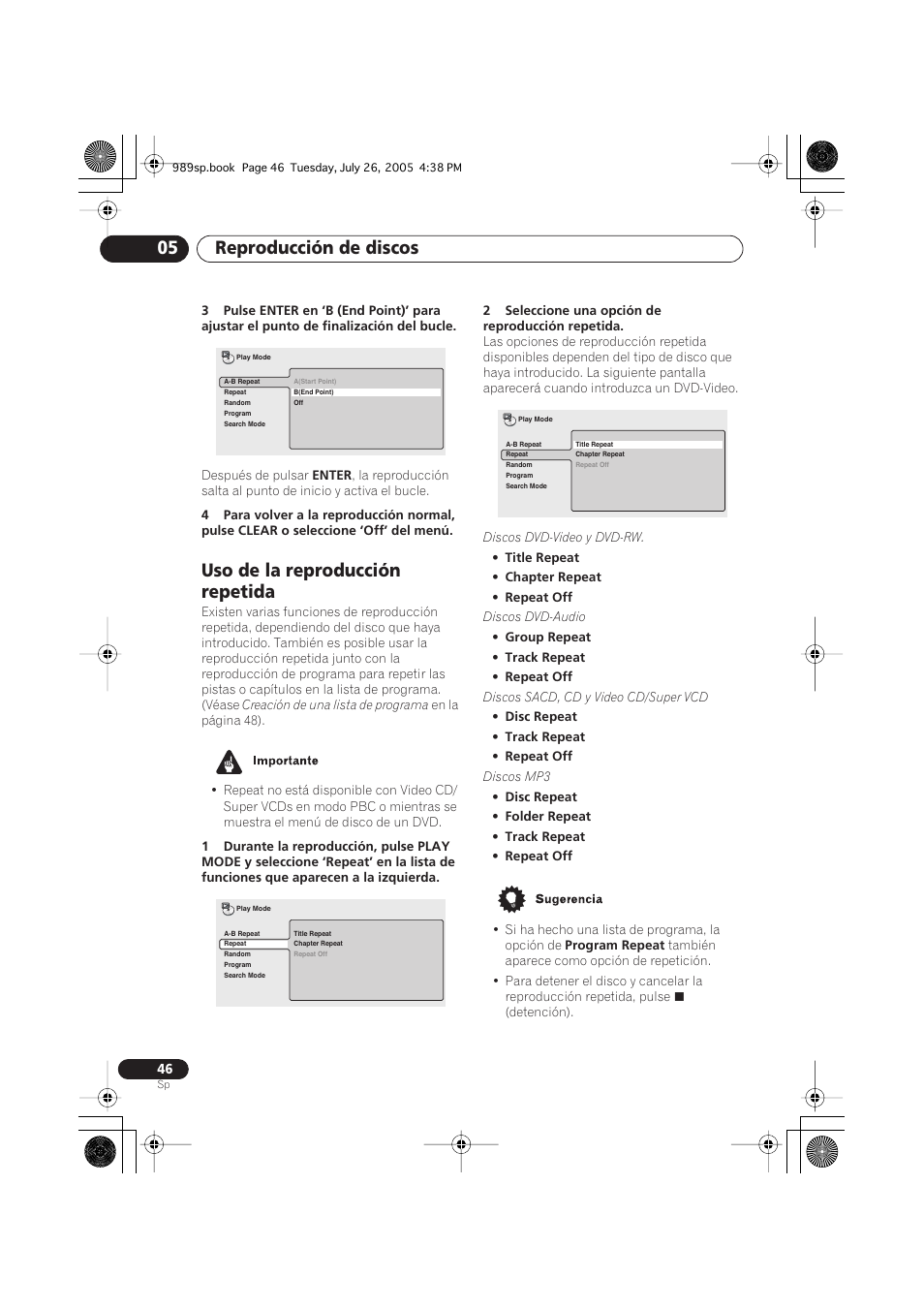 Uso de la reproducción repetida, Reproducción de discos 05 | Pioneer DV-989AVi-S User Manual | Page 144 / 202