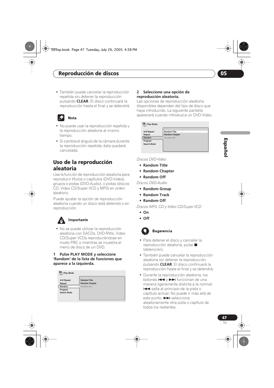 Uso de la reproducción aleatoria, Reproducción de discos 05, Español | Pioneer DV-989AVi-S User Manual | Page 145 / 202