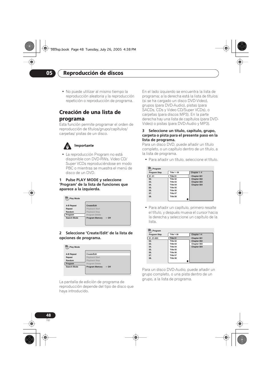 Creación de una lista de programa, Reproducción de discos 05 | Pioneer DV-989AVi-S User Manual | Page 146 / 202