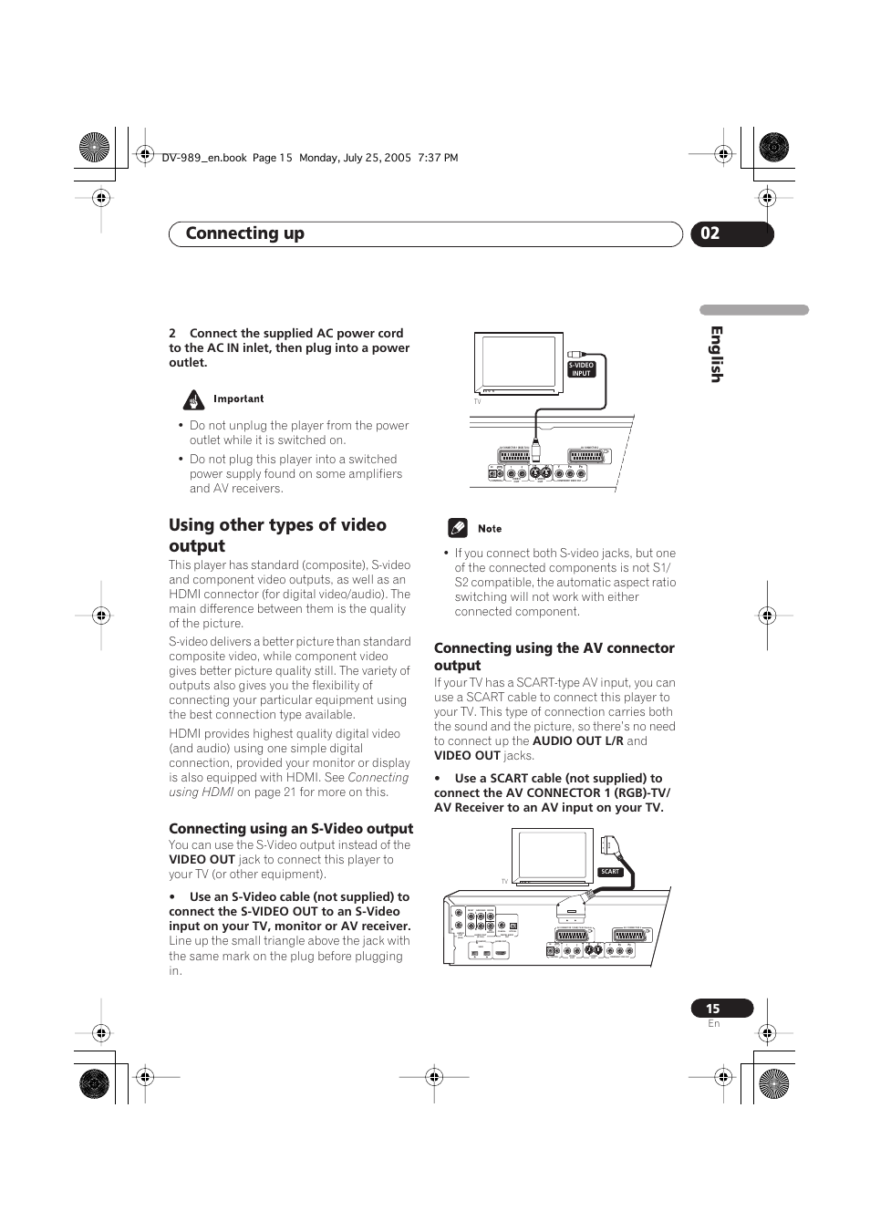 Connecting up 02, Using other types of video output, English | Connecting using an s-video output, Connecting using the av connector output, Connecting using hdmi, On page 21 for more on this, You can use the s-video output instead of the, Video out, Audio out l/r | Pioneer DV-989AVi-S User Manual | Page 15 / 202