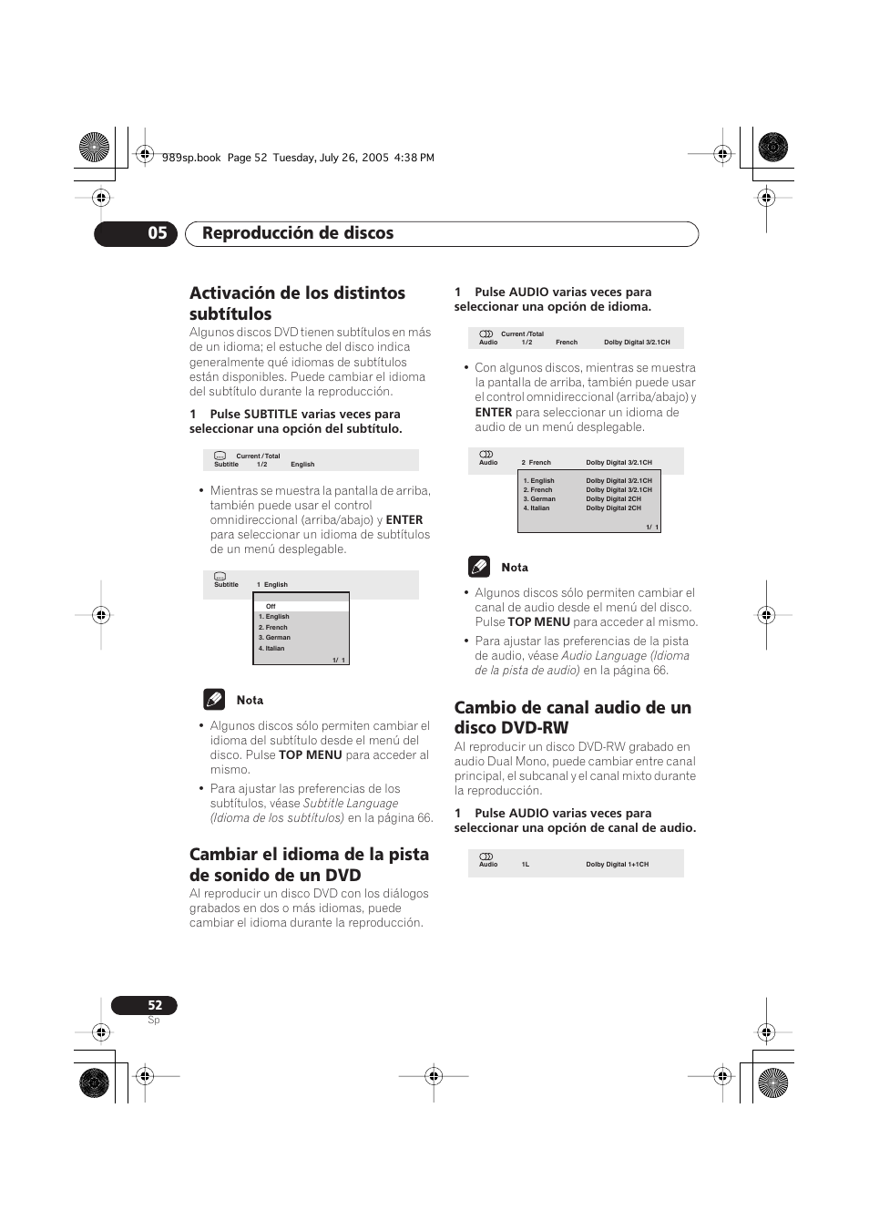 Activación de los distintos subtítulos, Cambiar el idioma de la pista de sonido de un dvd, Cambio de canal audio de un disco dvd-rw | Reproducción de discos 05 | Pioneer DV-989AVi-S User Manual | Page 150 / 202