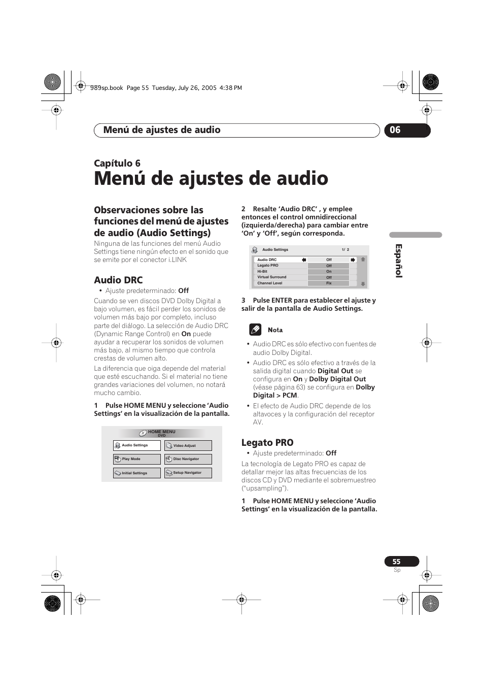 06 menú de ajustes de audio, Audio drc, Legato pro | Menú de ajustes de audio, Menú de ajustes de audio 06, Capítulo 6 | Pioneer DV-989AVi-S User Manual | Page 153 / 202