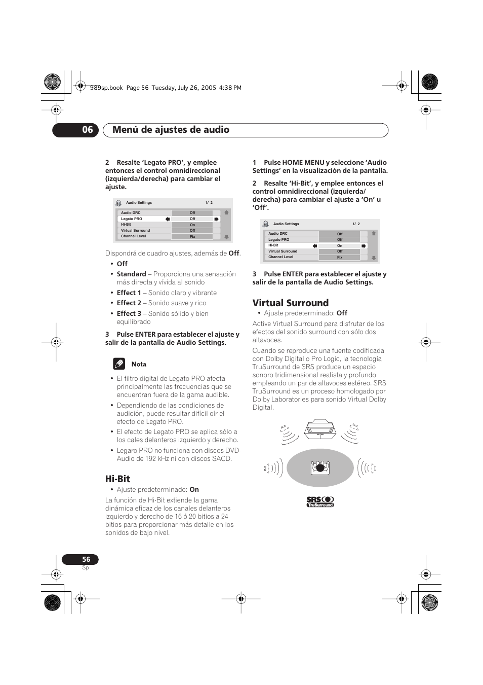 Hi-bit, Virtual surround, Menú de ajustes de audio 06 | Pioneer DV-989AVi-S User Manual | Page 154 / 202