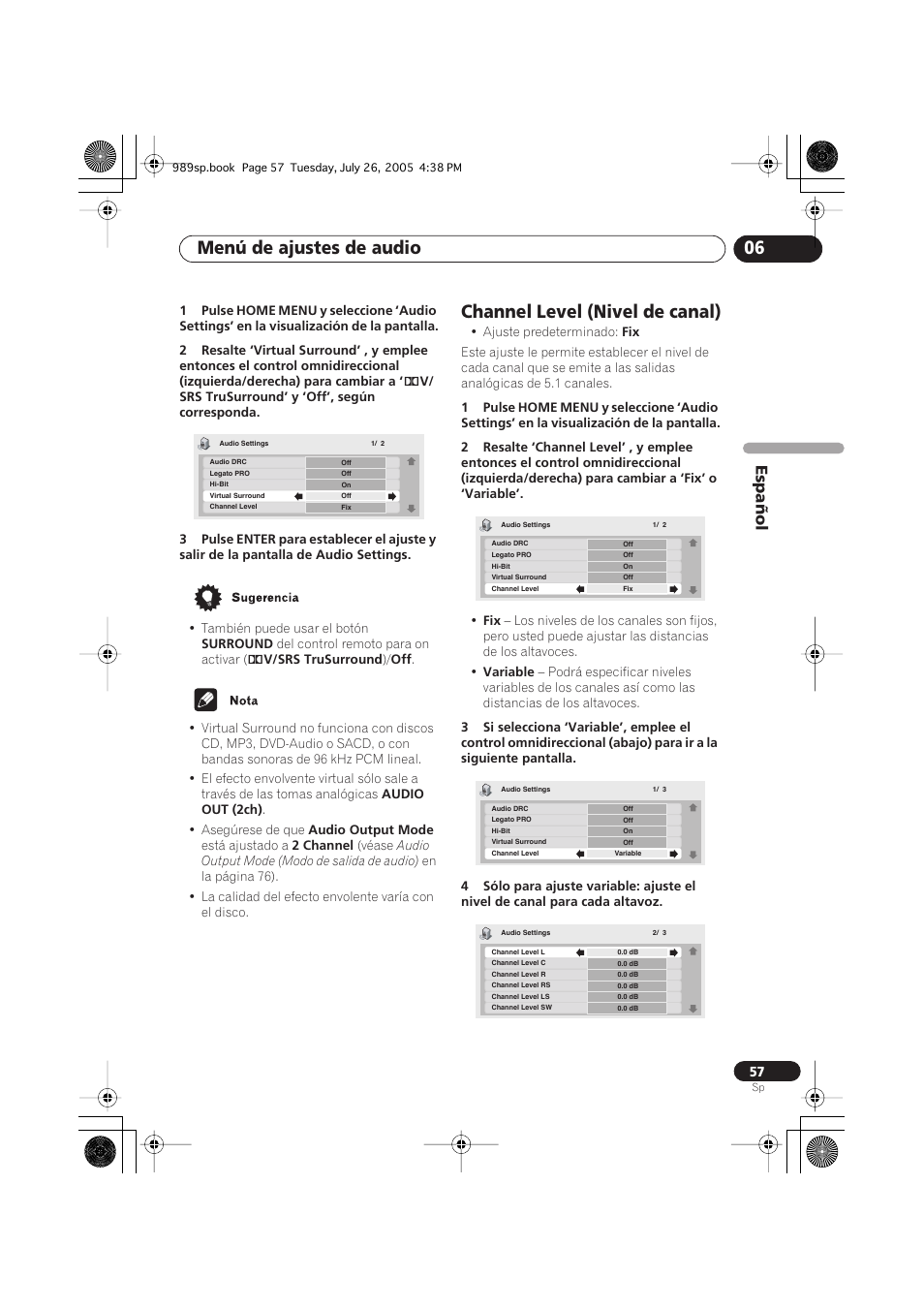 Channel level (nivel de canal), Menú de ajustes de audio 06, Español | Pioneer DV-989AVi-S User Manual | Page 155 / 202