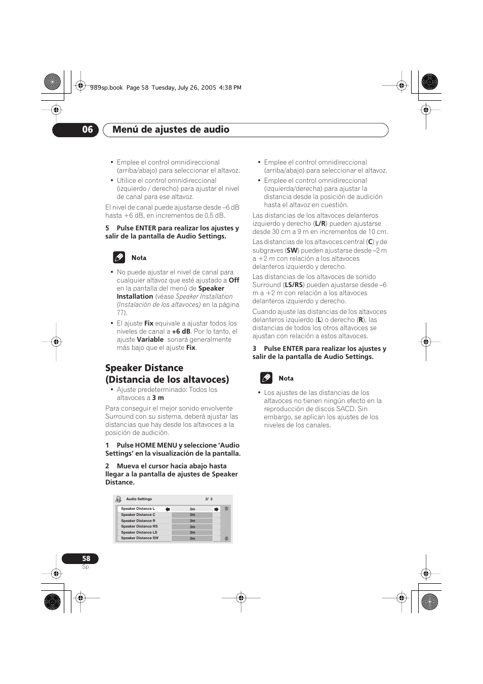 Speaker distance (distancia de los altavoces), Menú de ajustes de audio 06 | Pioneer DV-989AVi-S User Manual | Page 156 / 202