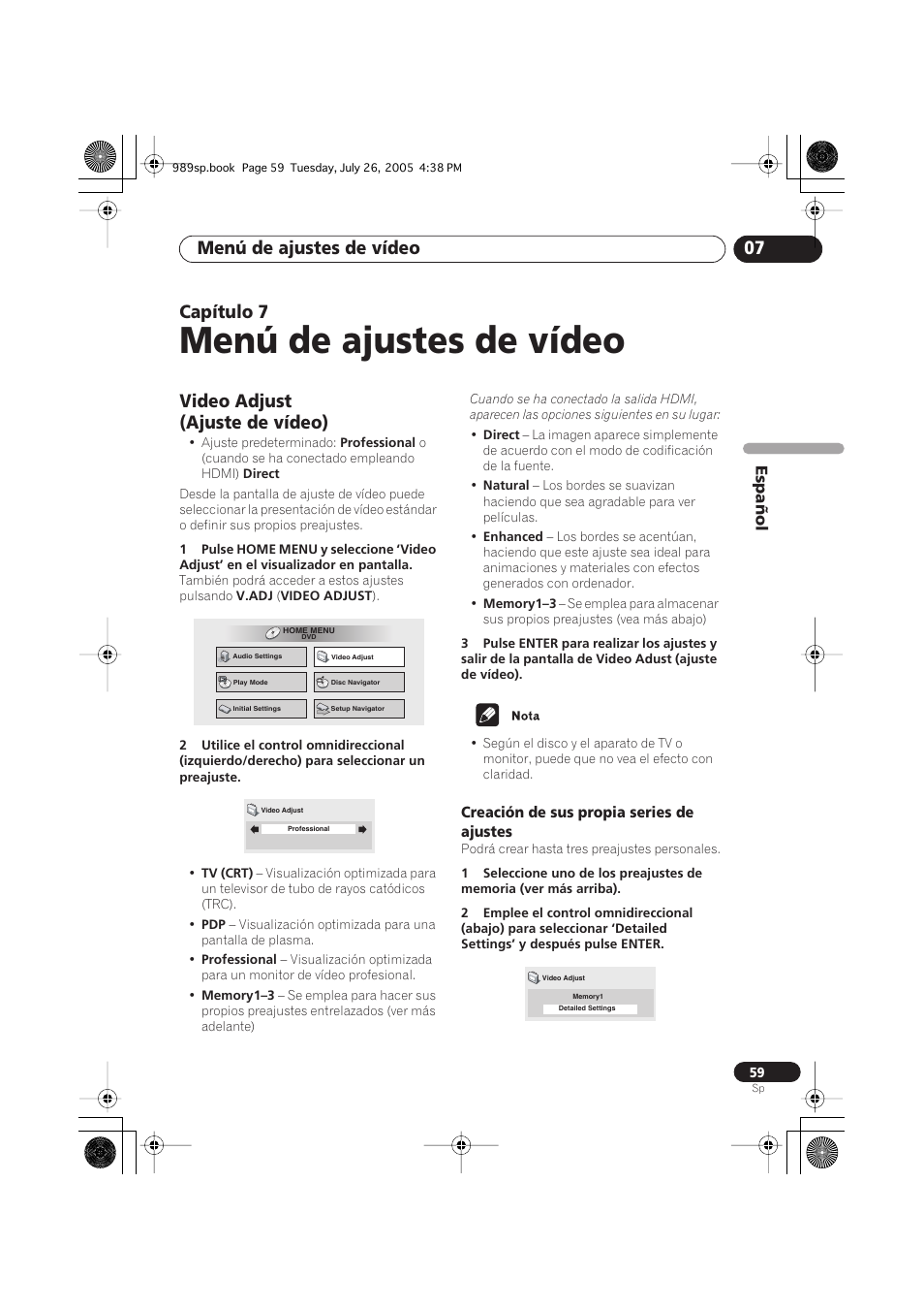 07 menú de ajustes de vídeo, Video adjust (ajuste de vídeo), Creación de sus propia series de ajustes | Menú de ajustes de vídeo, Menú de ajustes de vídeo 07, Capítulo 7 | Pioneer DV-989AVi-S User Manual | Page 157 / 202