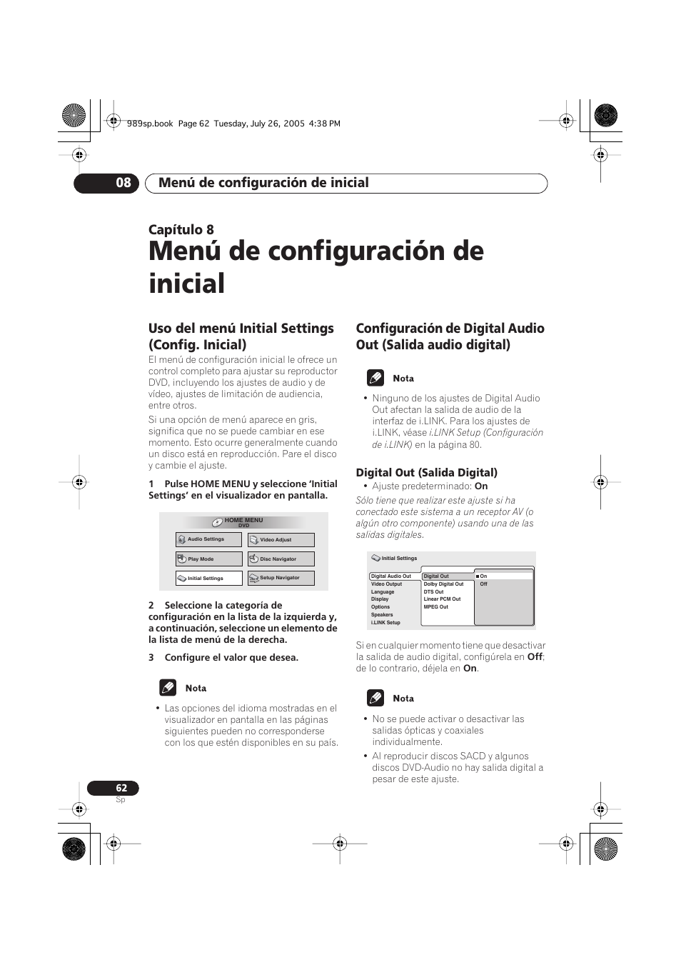 08 menú de configuración de inicial, Uso del menú initial settings (config. inicial), Digital out (salida digital) | Menú de configuración de inicial, Menú de configuración de inicial 08, Capítulo 8 | Pioneer DV-989AVi-S User Manual | Page 160 / 202