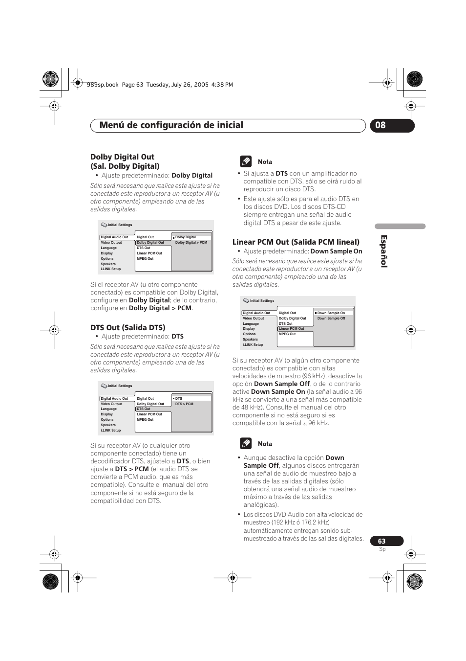 Dolby digital out (sal. dolby digital), Dts out (salida dts), Linear pcm out (salida pcm lineal) | Menú de configuración de inicial 08, Español | Pioneer DV-989AVi-S User Manual | Page 161 / 202