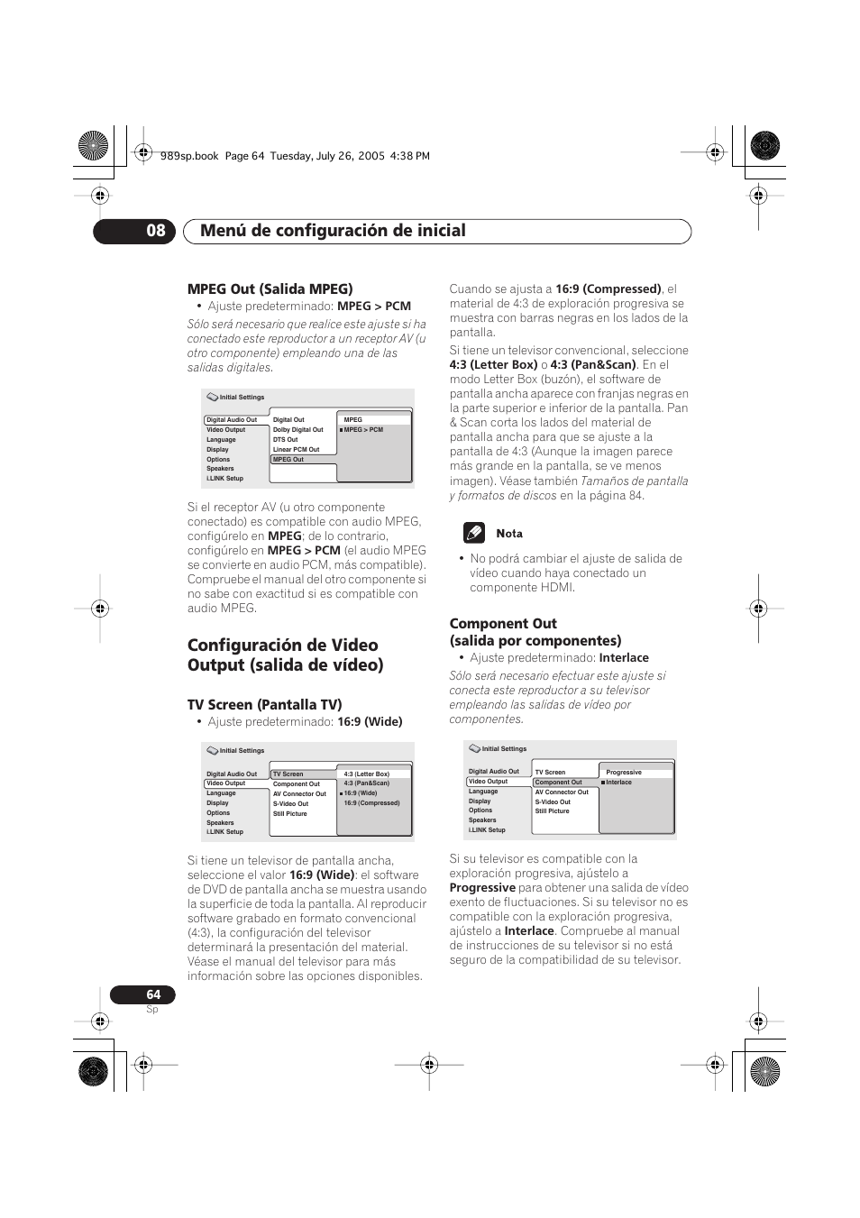 Mpeg out (salida mpeg), Configuración de video output (salida de vídeo), Tv screen (pantalla tv) | Component out (salida por componentes), Menú de configuración de inicial 08 | Pioneer DV-989AVi-S User Manual | Page 162 / 202