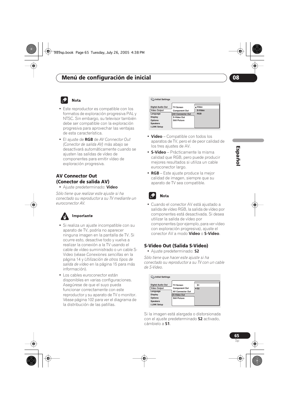 Av connector out (conector de salida av), S-video out (salida s-video), Menú de configuración de inicial 08 | Español | Pioneer DV-989AVi-S User Manual | Page 163 / 202