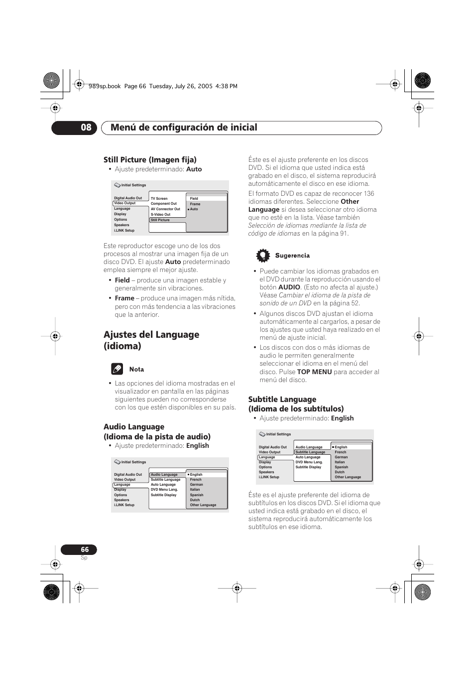 Still picture (imagen fija), Ajustes del language (idioma), Audio language (idioma de la pista de audio) | Subtitle language (idioma de los subtítulos), Menú de configuración de inicial 08 | Pioneer DV-989AVi-S User Manual | Page 164 / 202