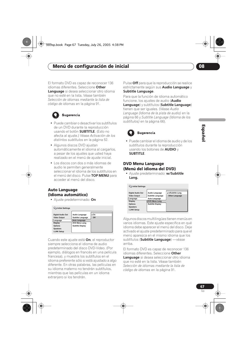 Auto language (idioma automático), Dvd menu language (menú del idioma del dvd), Menú de configuración de inicial 08 | Español | Pioneer DV-989AVi-S User Manual | Page 165 / 202