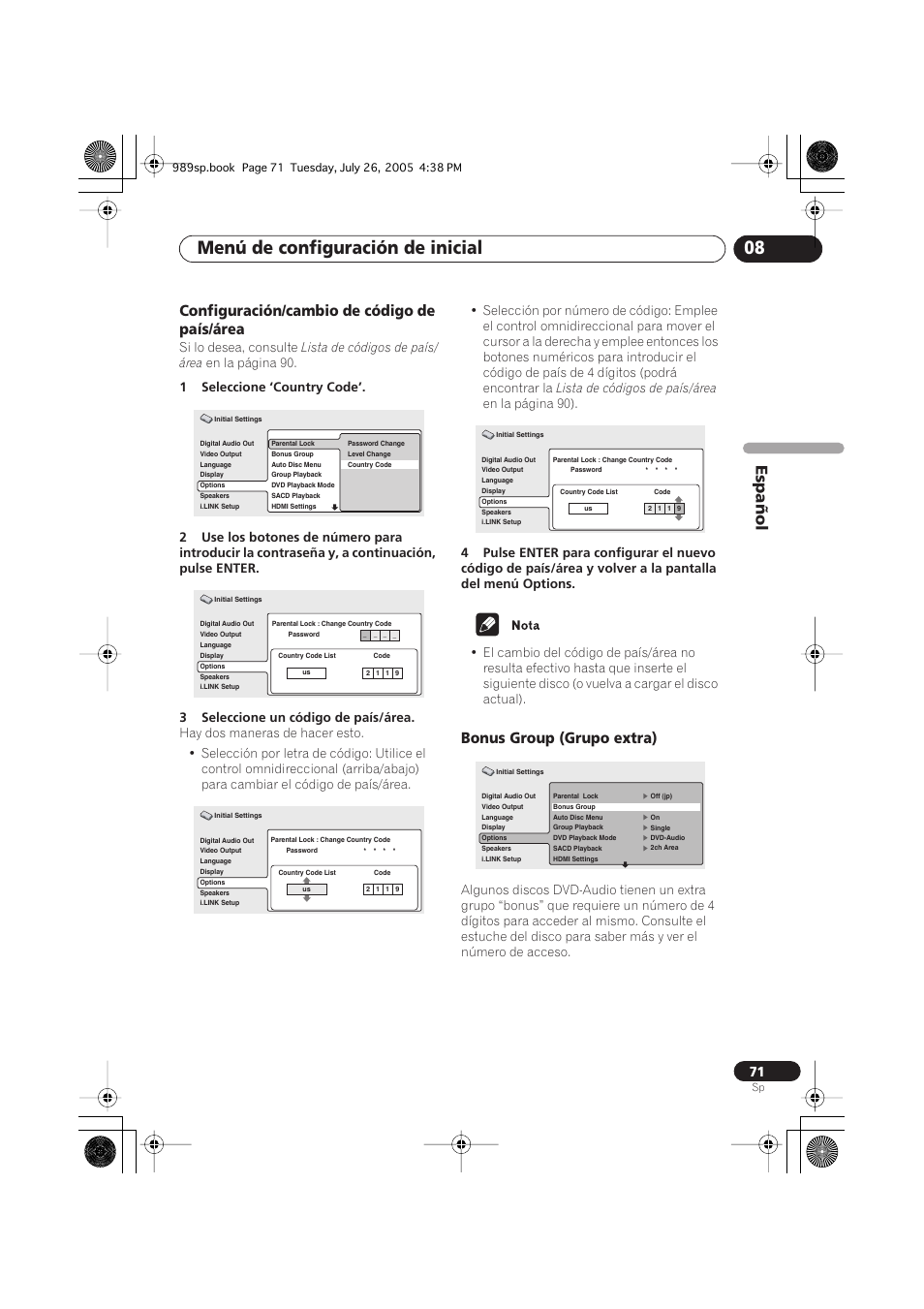 Configuración/cambio de código de país/área, Bonus group (grupo extra), Menú de configuración de inicial 08 | Español, Si lo desea, consulte, Lista de códigos de país/ área, En la página 90, Lista de códigos de país/área, En la página 90) | Pioneer DV-989AVi-S User Manual | Page 169 / 202