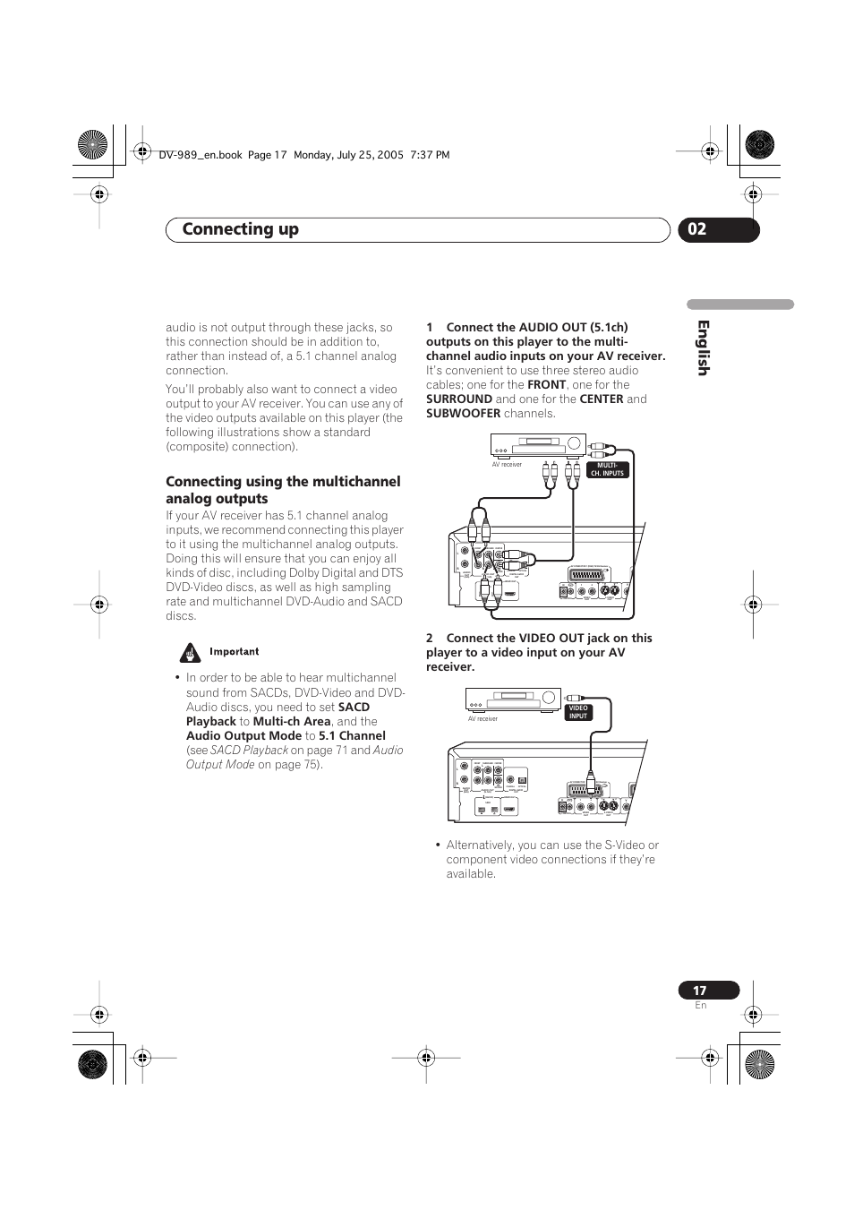 Connecting up 02, English, Connecting using the multichannel analog outputs | Sacd playback, Multi-ch area, And the, Audio output mode, 1 channel, On page 71 and, On page 75) | Pioneer DV-989AVi-S User Manual | Page 17 / 202