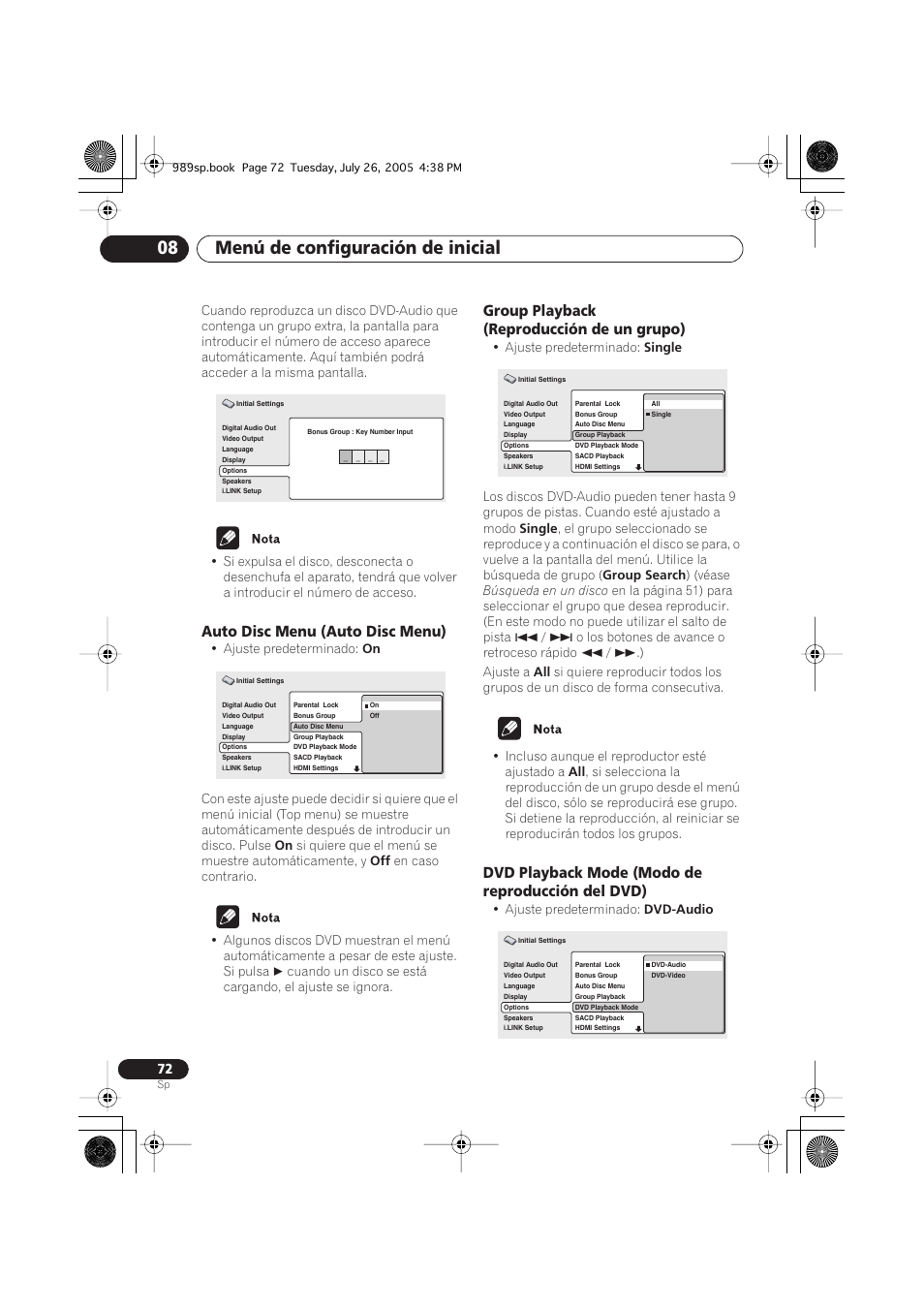 Auto disc menu (auto disc menu), Group playback (reproducción de un grupo), Dvd playback mode (modo de reproducción del dvd) | Menú de configuración de inicial 08 | Pioneer DV-989AVi-S User Manual | Page 170 / 202