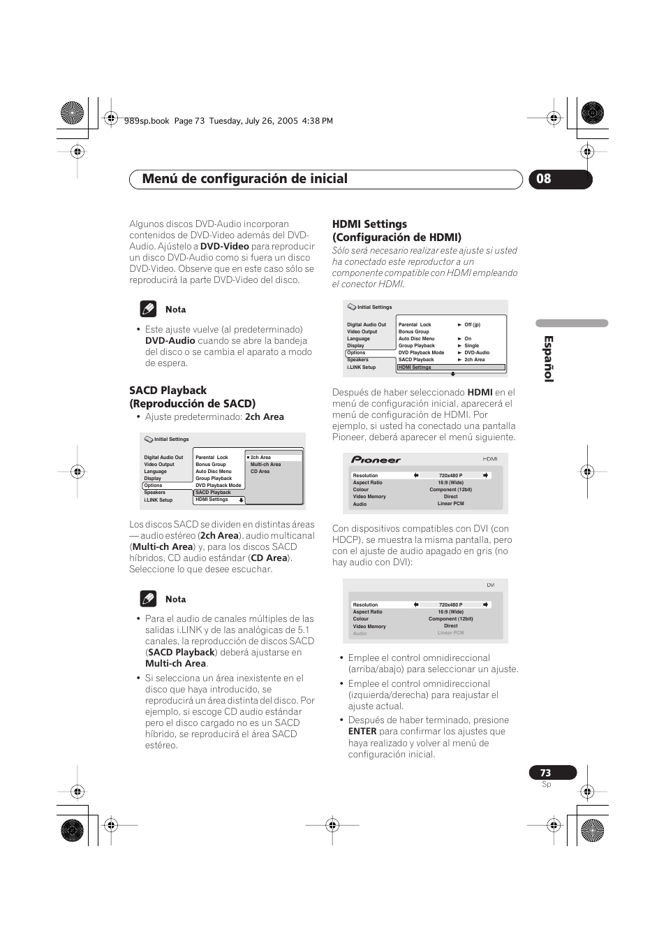 Sacd playback (reproducción de sacd), Hdmi settings (configuración de hdmi), Menú de configuración de inicial 08 | Español | Pioneer DV-989AVi-S User Manual | Page 171 / 202