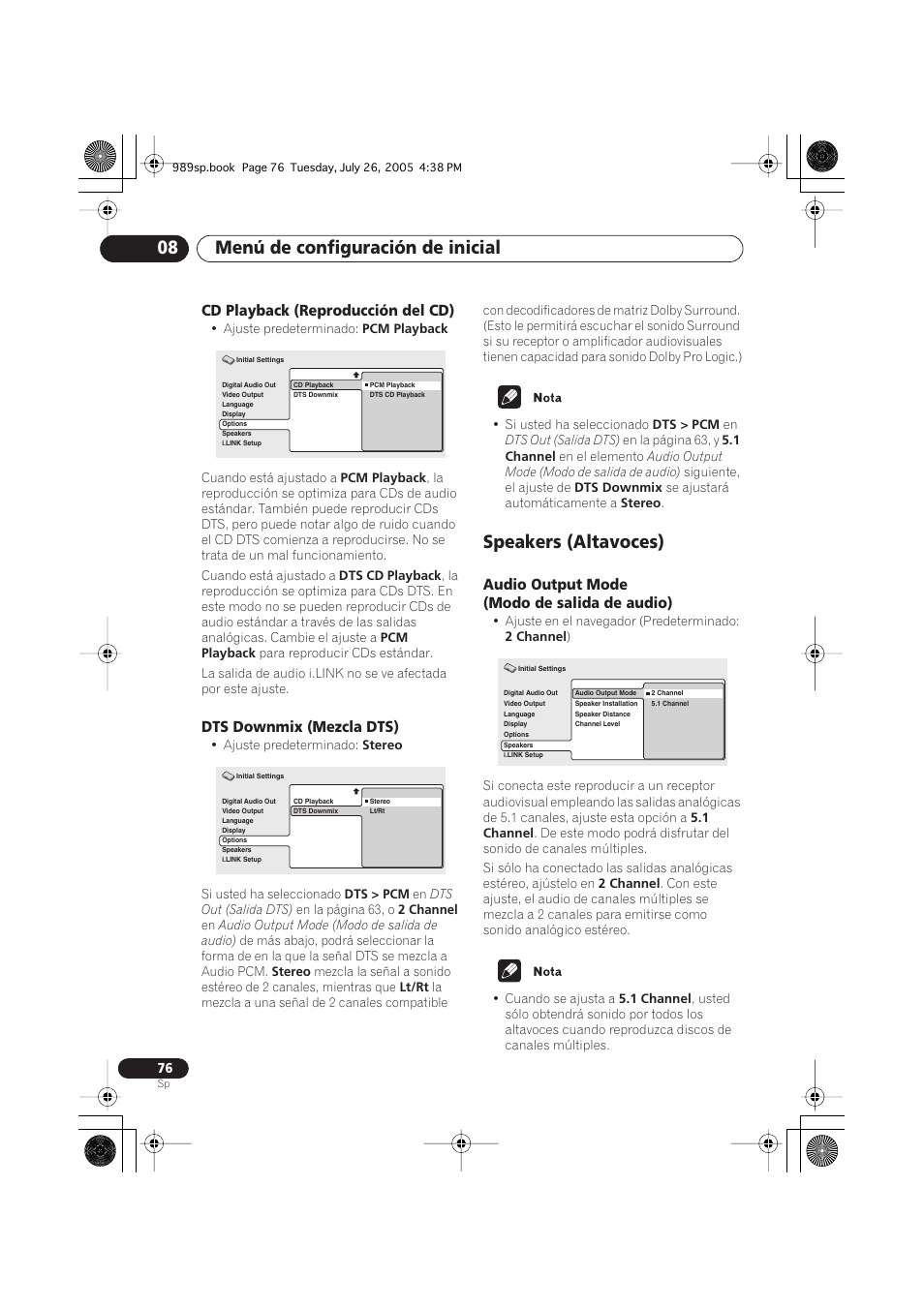 Cd playback (reproducción del cd), Dts downmix (mezcla dts), Speakers (altavoces) | Audio output mode (modo de salida de audio), Menú de configuración de inicial 08 | Pioneer DV-989AVi-S User Manual | Page 174 / 202