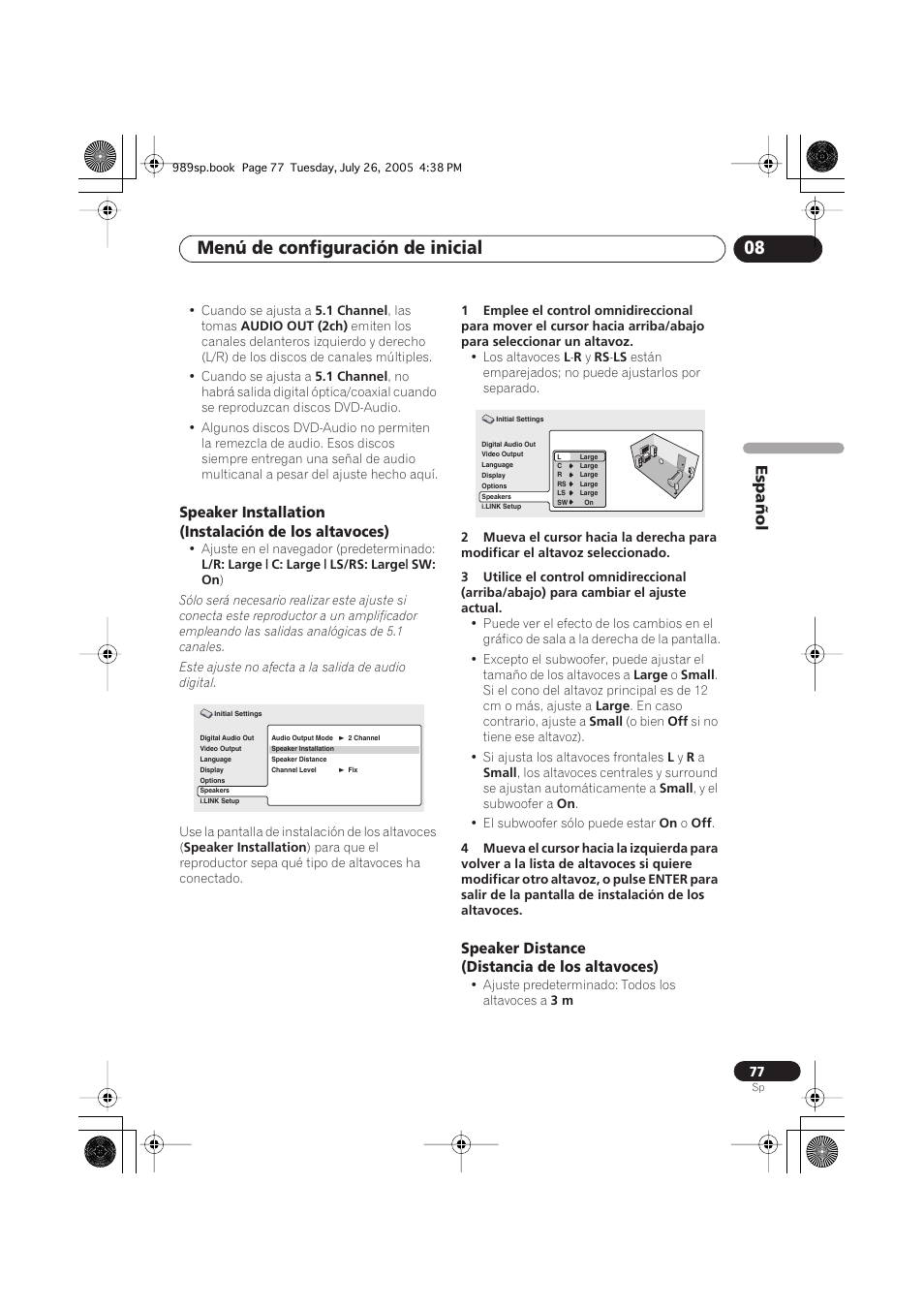 Speaker distance (distancia de los altavoces), Menú de configuración de inicial 08 | Pioneer DV-989AVi-S User Manual | Page 175 / 202