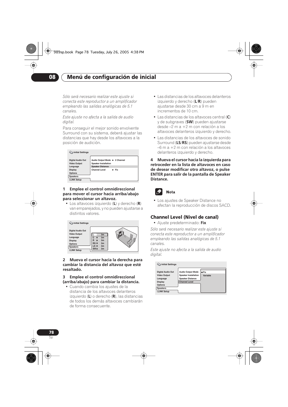 Channel level (nivel de canal), Menú de configuración de inicial 08 | Pioneer DV-989AVi-S User Manual | Page 176 / 202