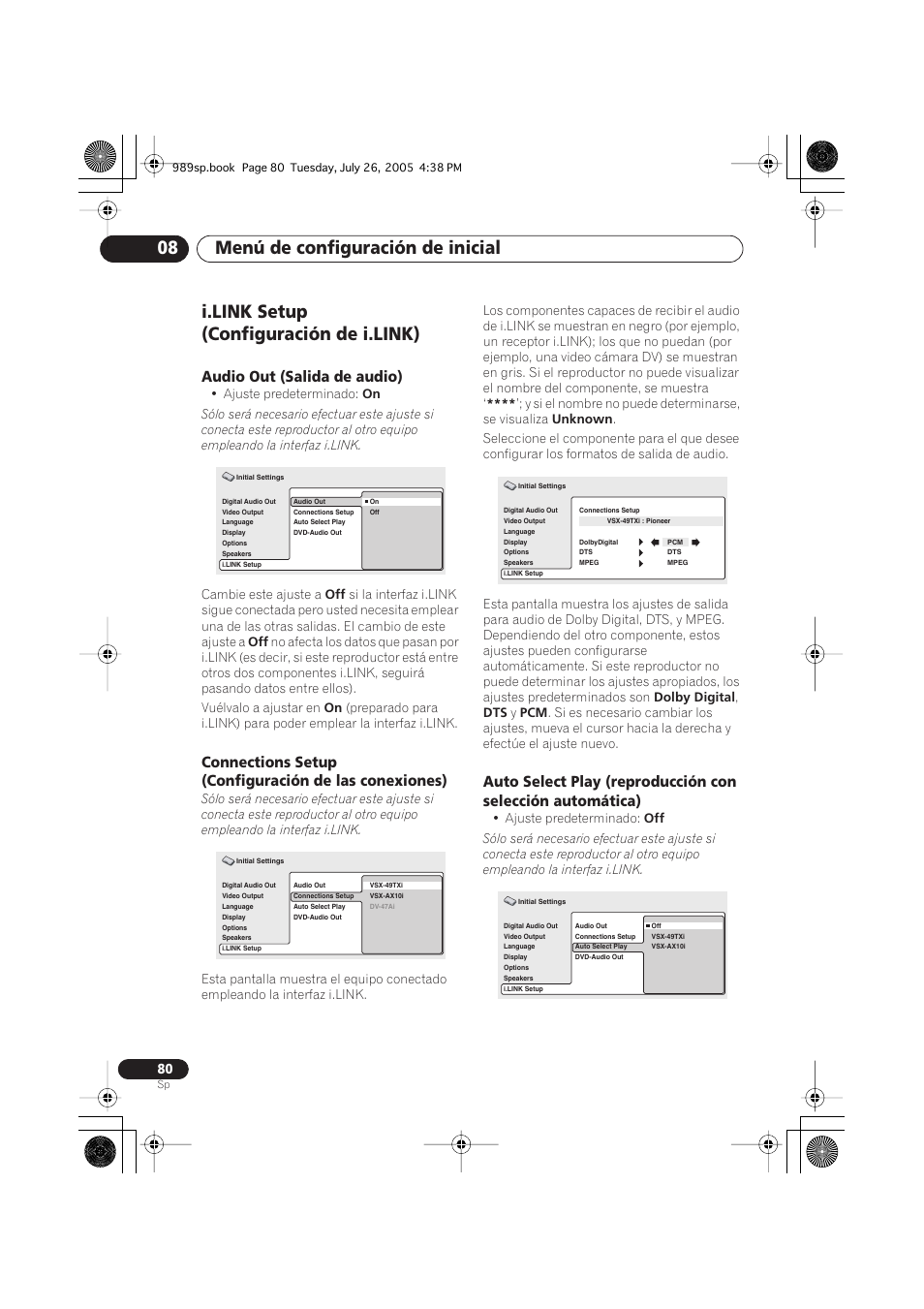 I.link setup (configuración de i.link), Audio out (salida de audio), Menú de configuración de inicial 08 | Pioneer DV-989AVi-S User Manual | Page 178 / 202