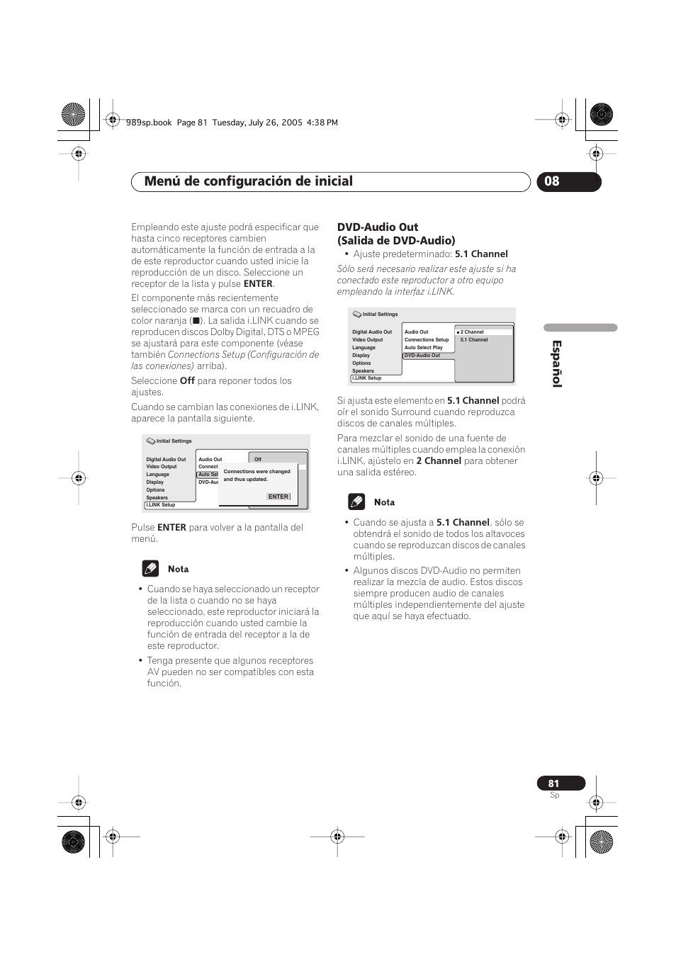 Dvd-audio out (salida de dvd-audio), Menú de configuración de inicial 08, Español | Pioneer DV-989AVi-S User Manual | Page 179 / 202