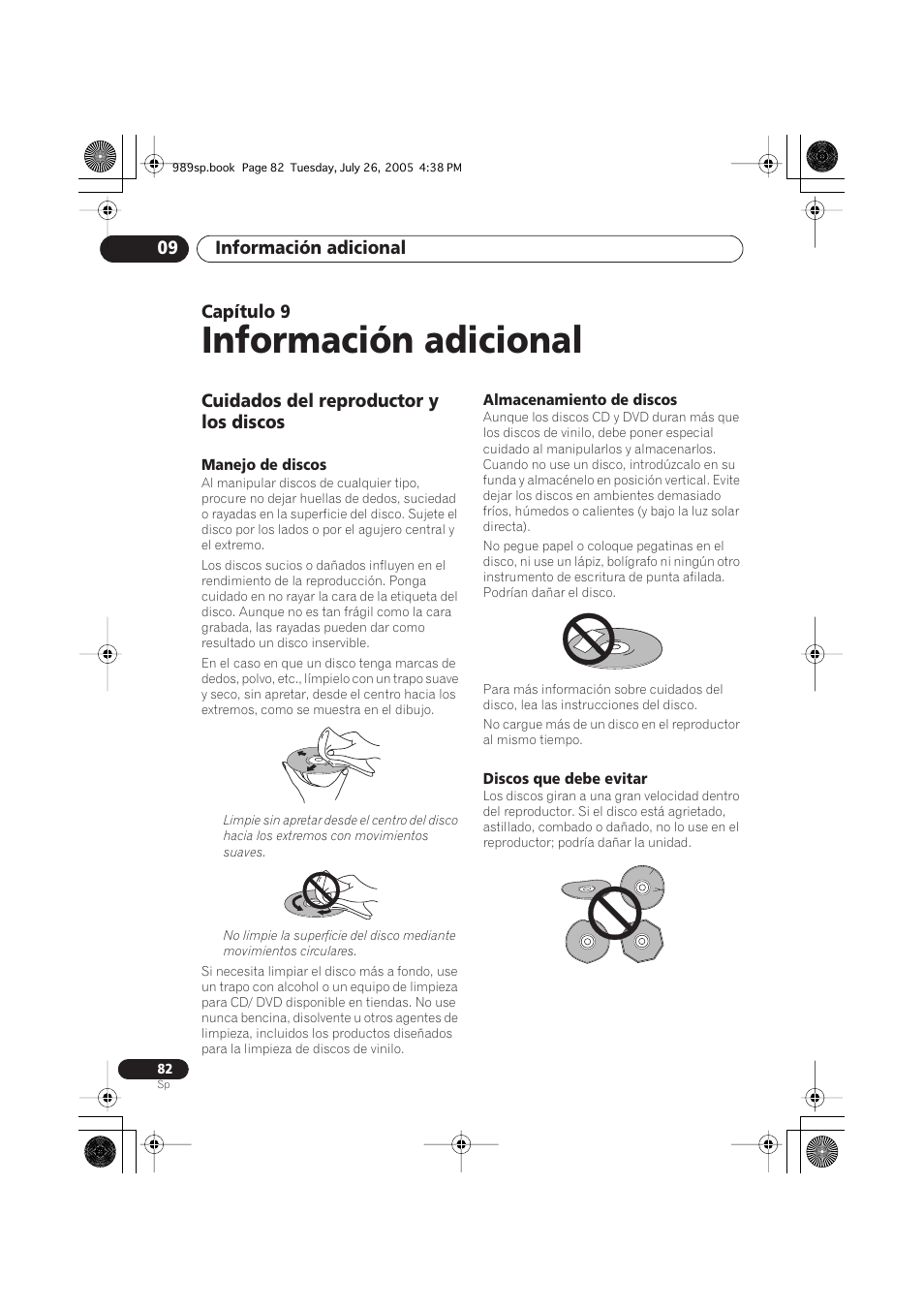 09 información adicional, Cuidados del reproductor y los discos, Manejo de discos | Almacenamiento de discos, Discos que debe evitar, Información adicional | Pioneer DV-989AVi-S User Manual | Page 180 / 202