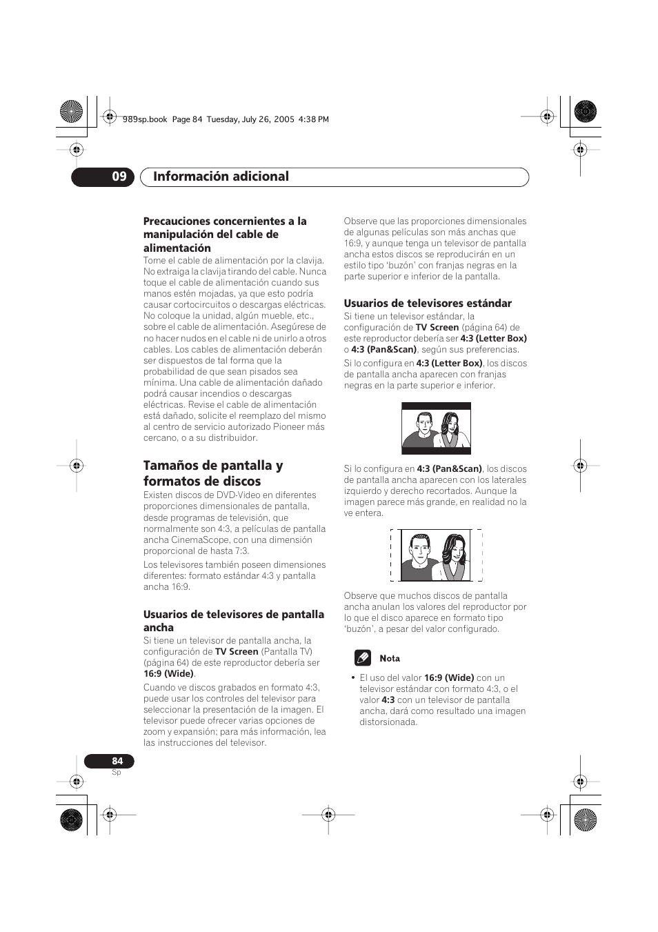 Tamaños de pantalla y formatos de discos, Usuarios de televisores de pantalla ancha, Usuarios de televisores estándar | Información adicional 09 | Pioneer DV-989AVi-S User Manual | Page 182 / 202