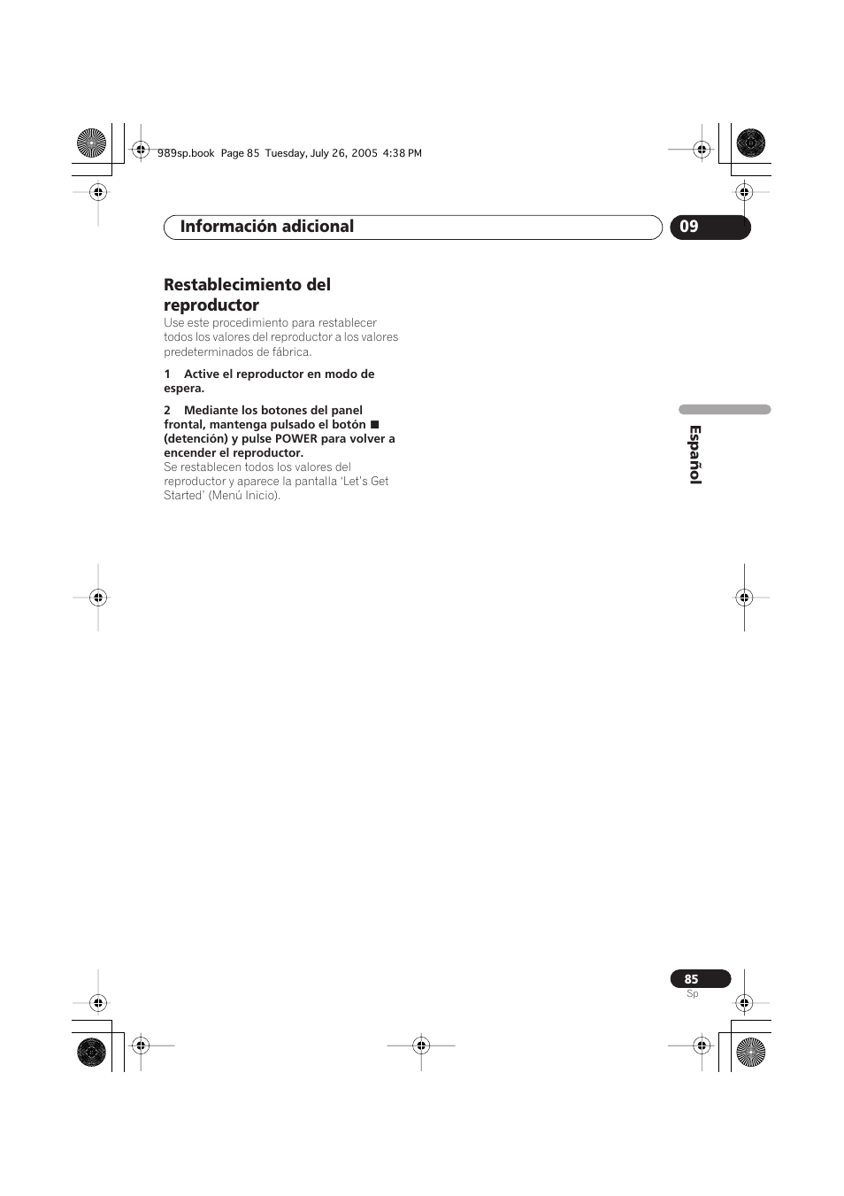 Restablecimiento del reproductor, Información adicional 09 | Pioneer DV-989AVi-S User Manual | Page 183 / 202