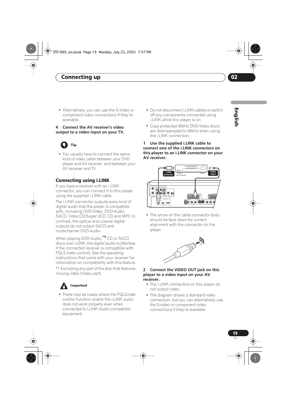 Connecting up 02, English, Connecting using i.link | Pioneer DV-989AVi-S User Manual | Page 19 / 202