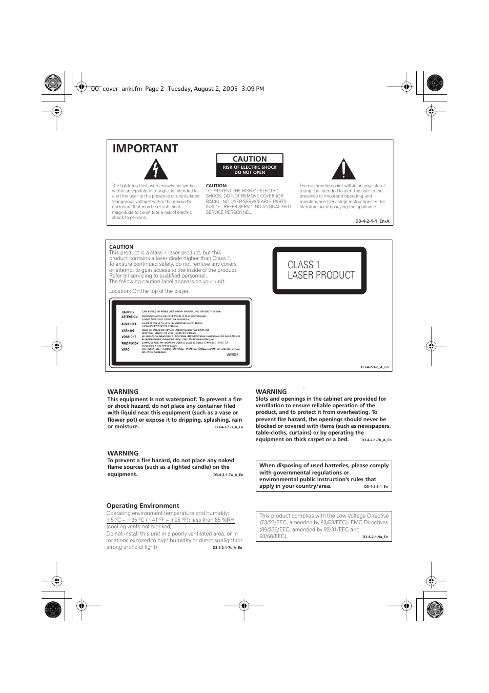 Important, Class 1 laser product, Caution | Pioneer DV-989AVi-S User Manual | Page 2 / 202