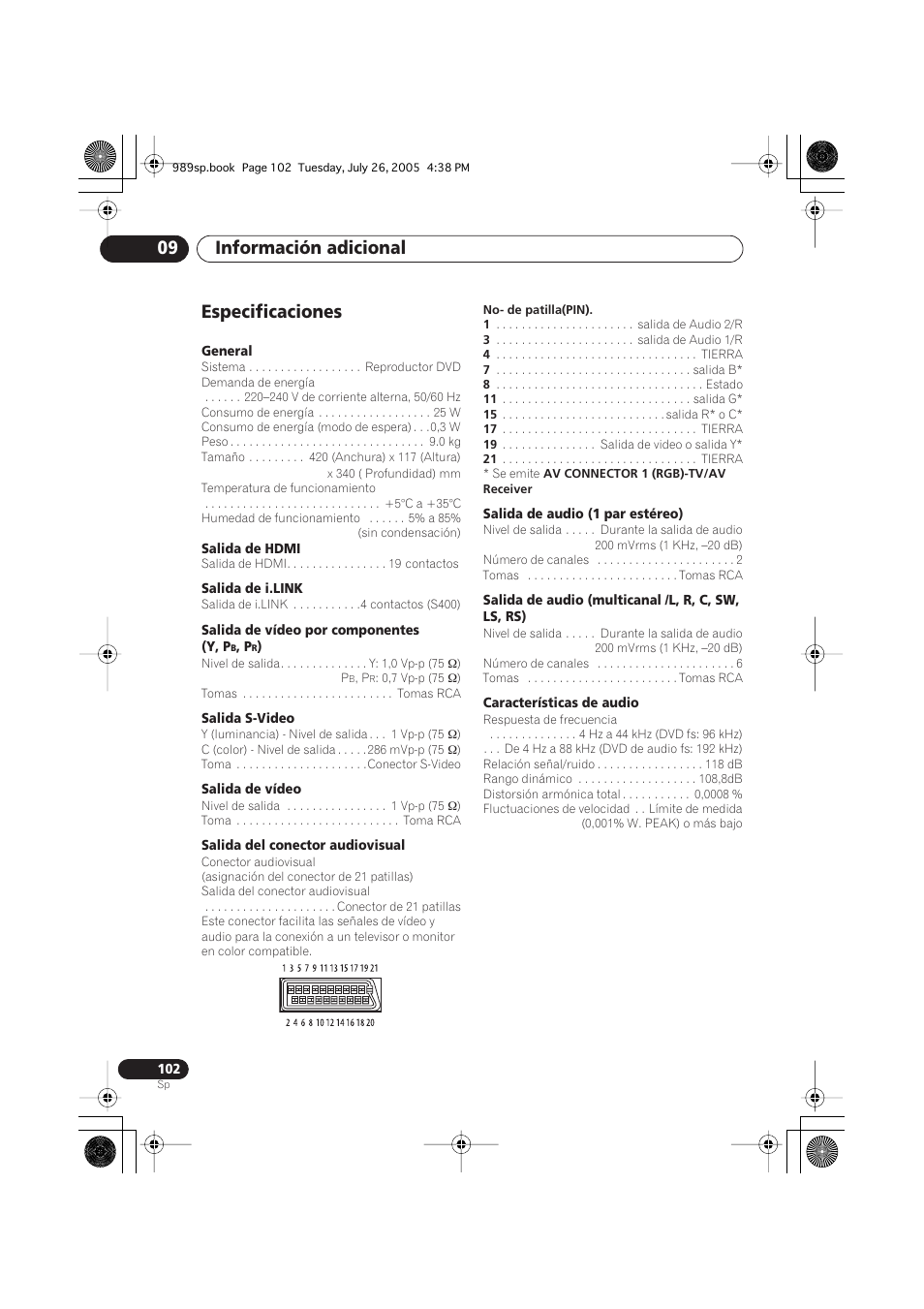 Especificaciones, Información adicional 09 | Pioneer DV-989AVi-S User Manual | Page 200 / 202