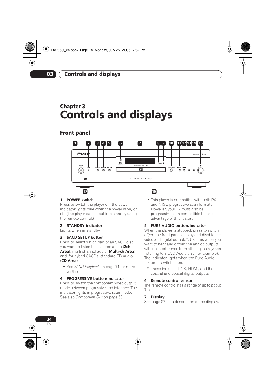 Controls and displays, Controls and displays 03, Chapter 3 | Front panel | Pioneer DV-989AVi-S User Manual | Page 24 / 202