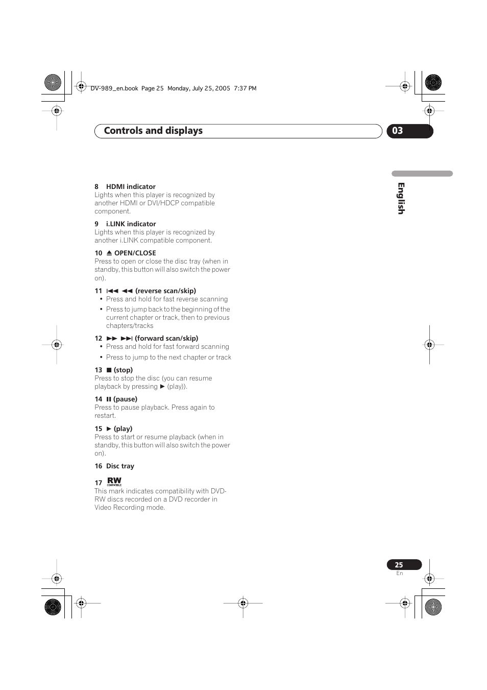 Controls and displays 03 | Pioneer DV-989AVi-S User Manual | Page 25 / 202