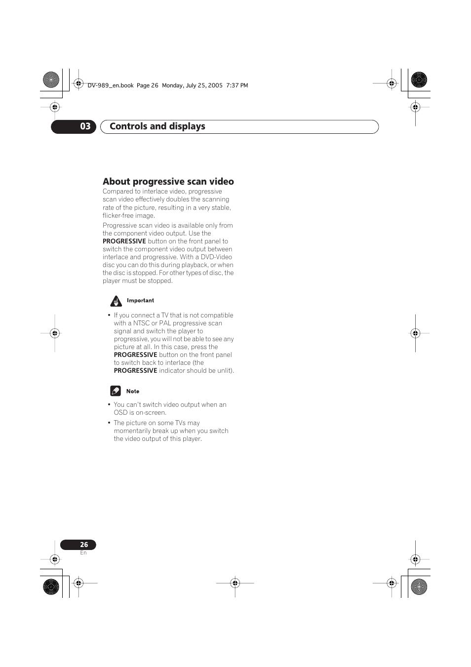 Controls and displays 03, About progressive scan video | Pioneer DV-989AVi-S User Manual | Page 26 / 202