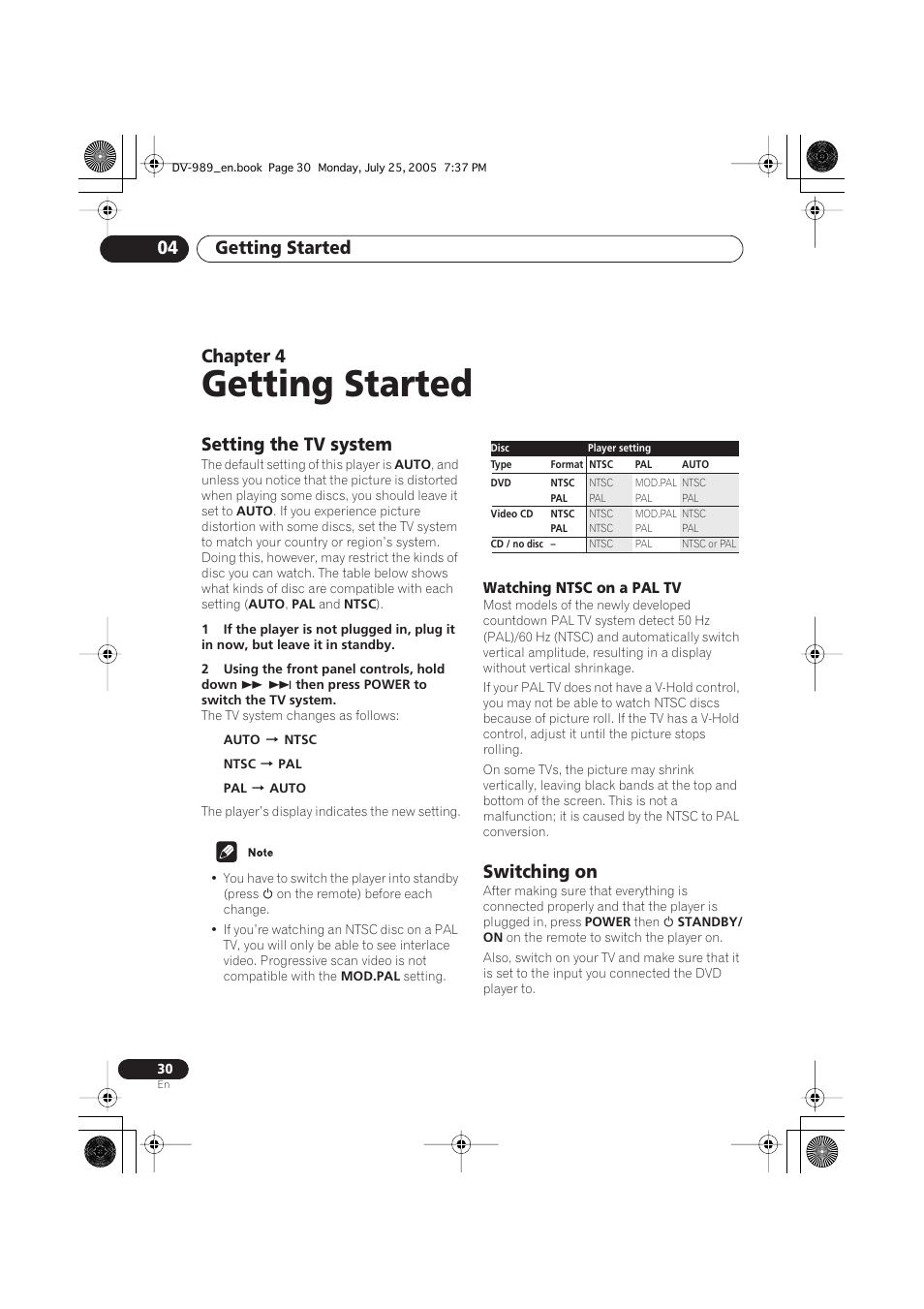 Getting started, Getting started 04, Chapter 4 | Setting the tv system, Switching on | Pioneer DV-989AVi-S User Manual | Page 30 / 202