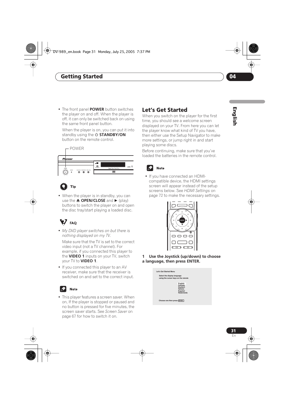 Getting started 04, Let’s get started, English | Pioneer DV-989AVi-S User Manual | Page 31 / 202