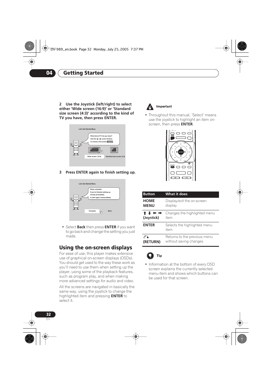 Getting started 04, Using the on-screen displays | Pioneer DV-989AVi-S User Manual | Page 32 / 202