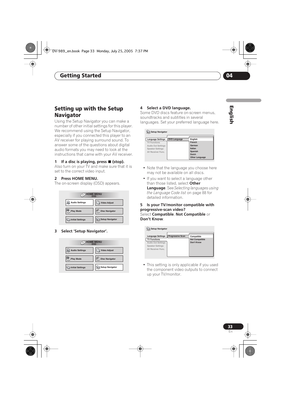 Getting started 04, Setting up with the setup navigator, English | Pioneer DV-989AVi-S User Manual | Page 33 / 202