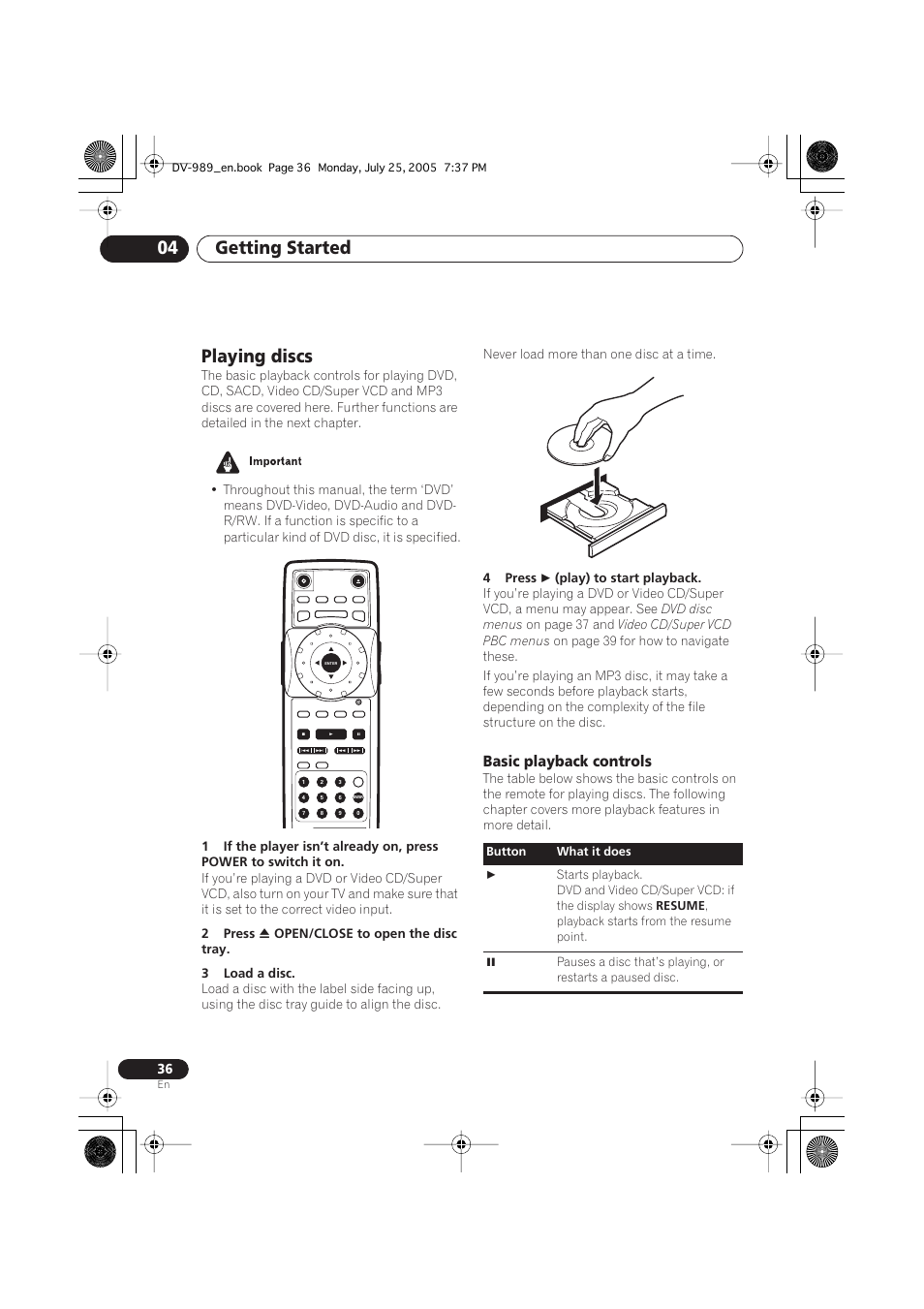 Getting started 04, Playing discs, Basic playback controls | Pioneer DV-989AVi-S User Manual | Page 36 / 202