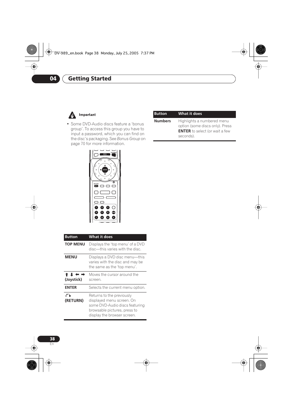 Getting started 04, Bonus group, On page 70 for more information | Menu, Return), Enter | Pioneer DV-989AVi-S User Manual | Page 38 / 202