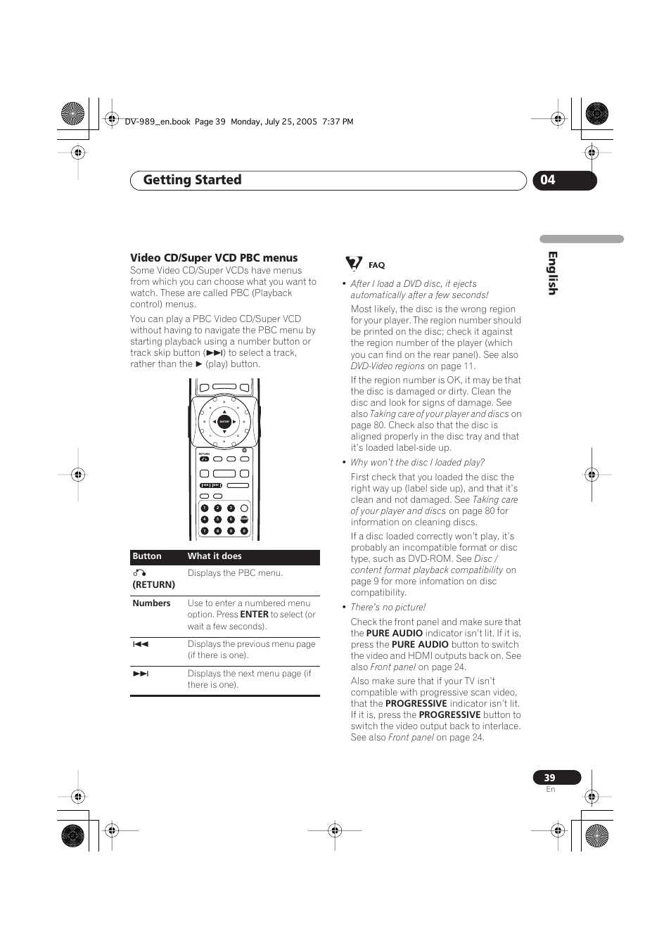 Getting started 04, English, Video cd/super vcd pbc menus | Pioneer DV-989AVi-S User Manual | Page 39 / 202