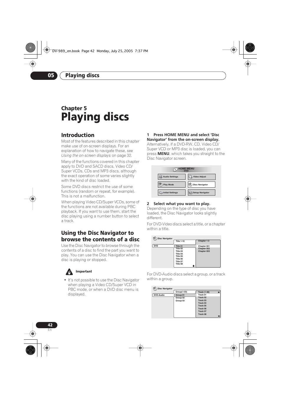 Playing discs, Playing discs 05, Chapter 5 | Introduction | Pioneer DV-989AVi-S User Manual | Page 42 / 202