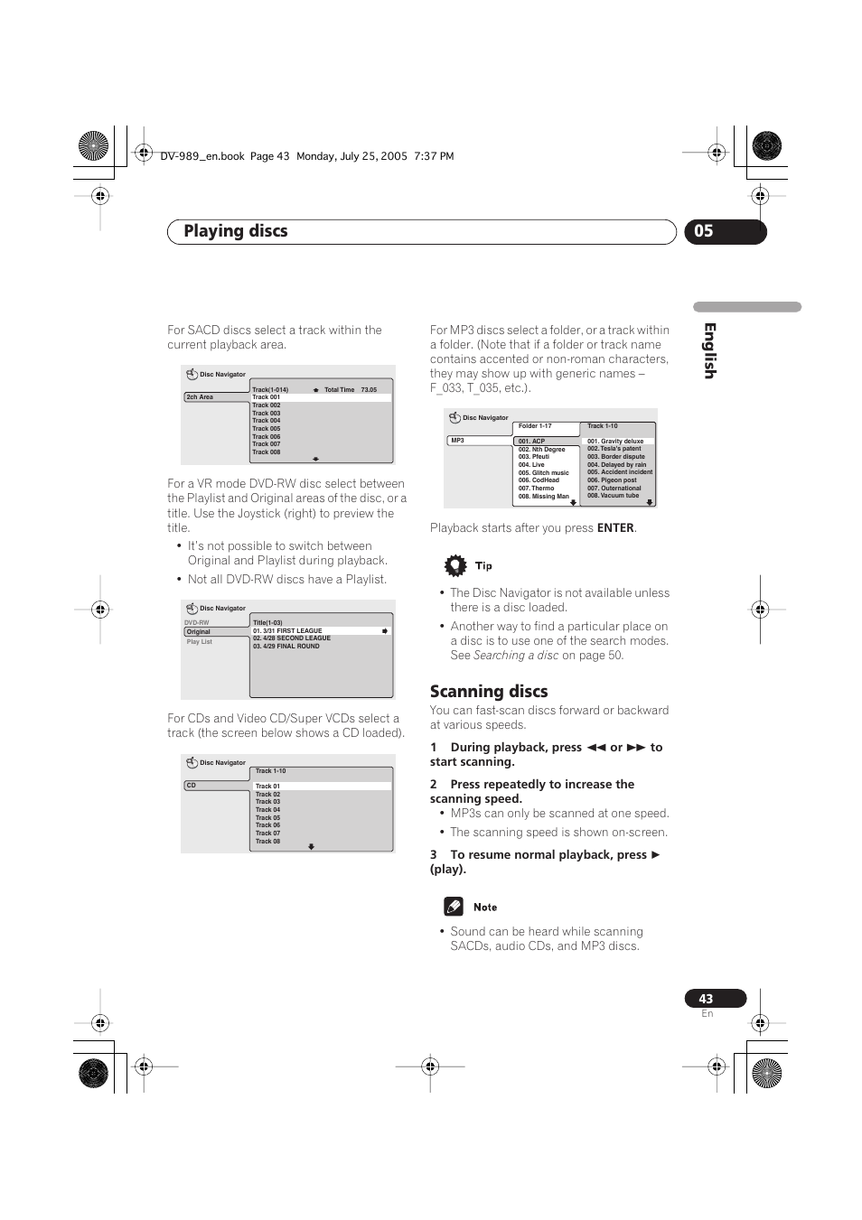 Playing discs 05, Scanning discs, English | Pioneer DV-989AVi-S User Manual | Page 43 / 202