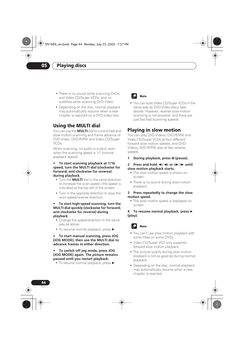 Playing discs 05, Using the multi dial, Playing in slow motion | Pioneer DV-989AVi-S User Manual | Page 44 / 202