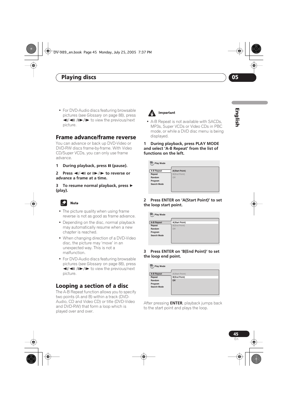 Playing discs 05, Frame advance/frame reverse, English | Pioneer DV-989AVi-S User Manual | Page 45 / 202