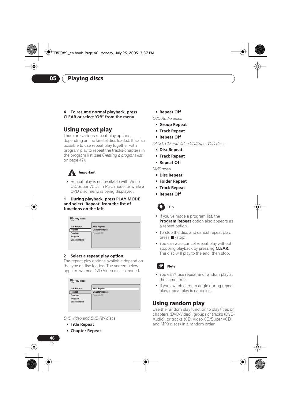 Playing discs 05, Using repeat play, Using random play | Pioneer DV-989AVi-S User Manual | Page 46 / 202