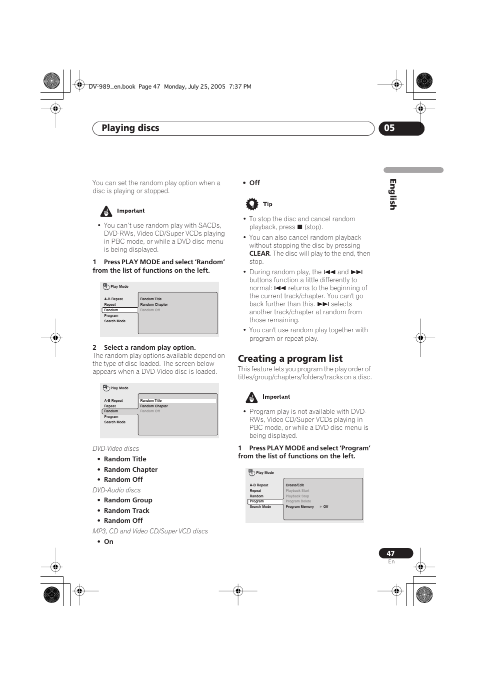 Playing discs 05, Creating a program list, English | Pioneer DV-989AVi-S User Manual | Page 47 / 202