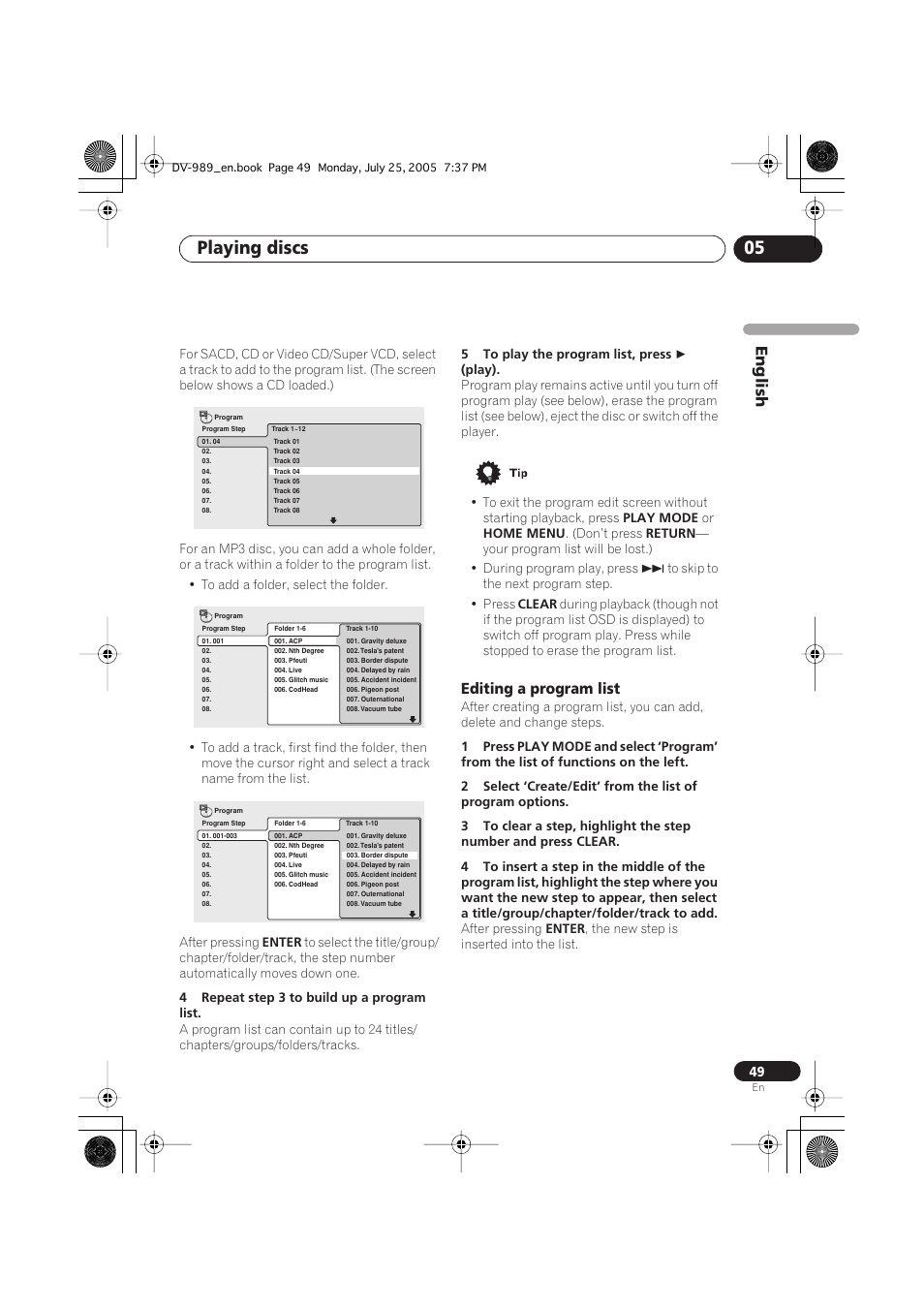 Playing discs 05, English, Editing a program list | Pioneer DV-989AVi-S User Manual | Page 49 / 202