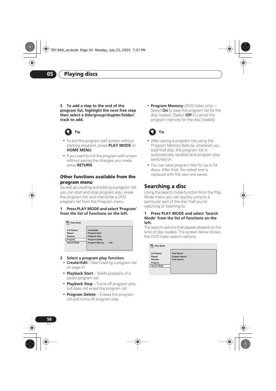 Playing discs 05, Searching a disc, Other functions available from the program menu | Pioneer DV-989AVi-S User Manual | Page 50 / 202